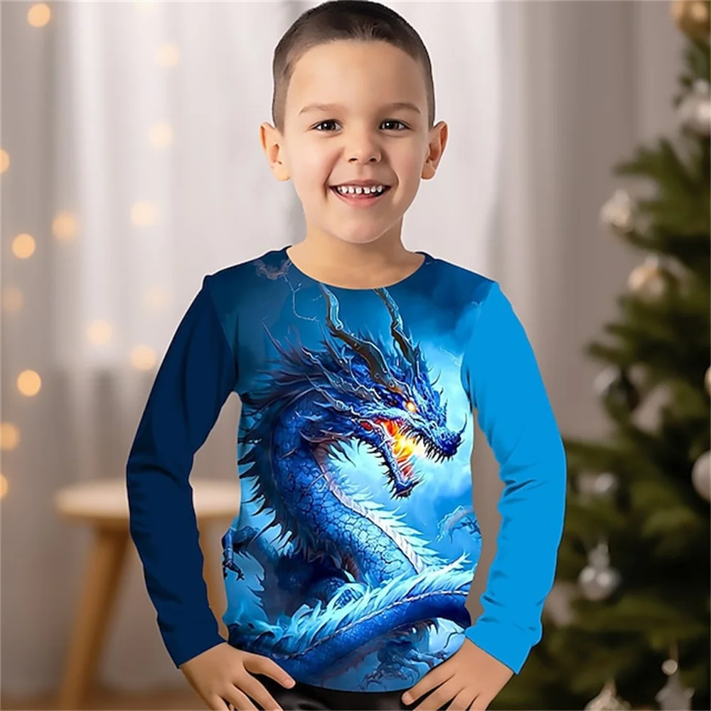 Camiseta de manga comprida com estampa 3D do Dragão Chinês infantil, roupas de menino, azul, adolescentes de 4 a 12 anos