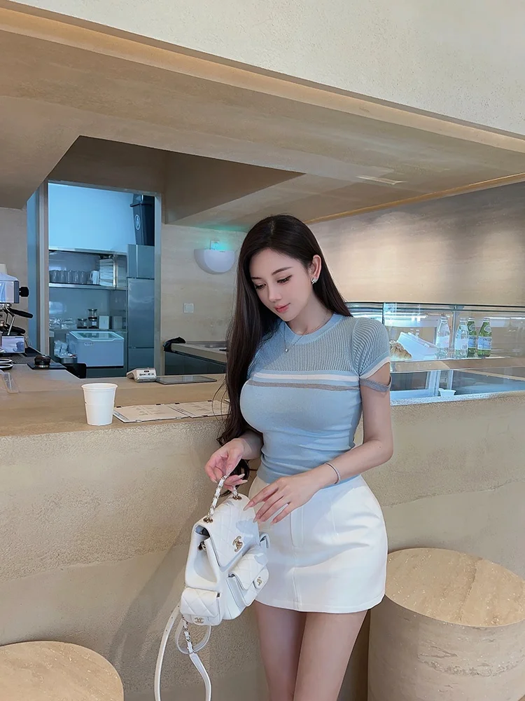 

Wang Jiujiu Old Money Stripe Knitted ort Sve Women's Slimming Ice Silk Thin Outerwear Commute Versatile ort Length