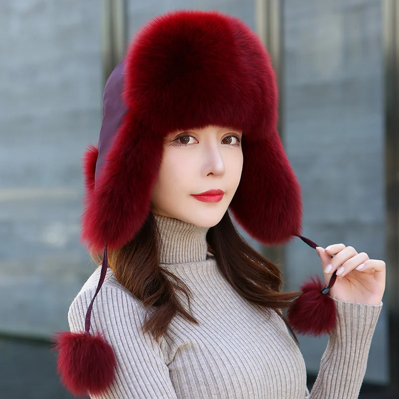 Chapéu bombardeiro de pele de raposa espessa feminino, gorro quente, bonés russos, moda coreana, chapéu de bolso Ushanka Earflap, tendência inverno