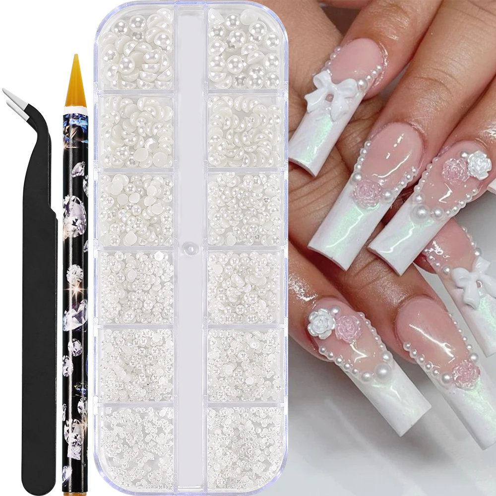 12Grids Helder Roze Mix Maten Nagelsteentjes 3D Plat Glanzend Kristal Diamant Nail Art Charms Kit met Puntjespen Pincet