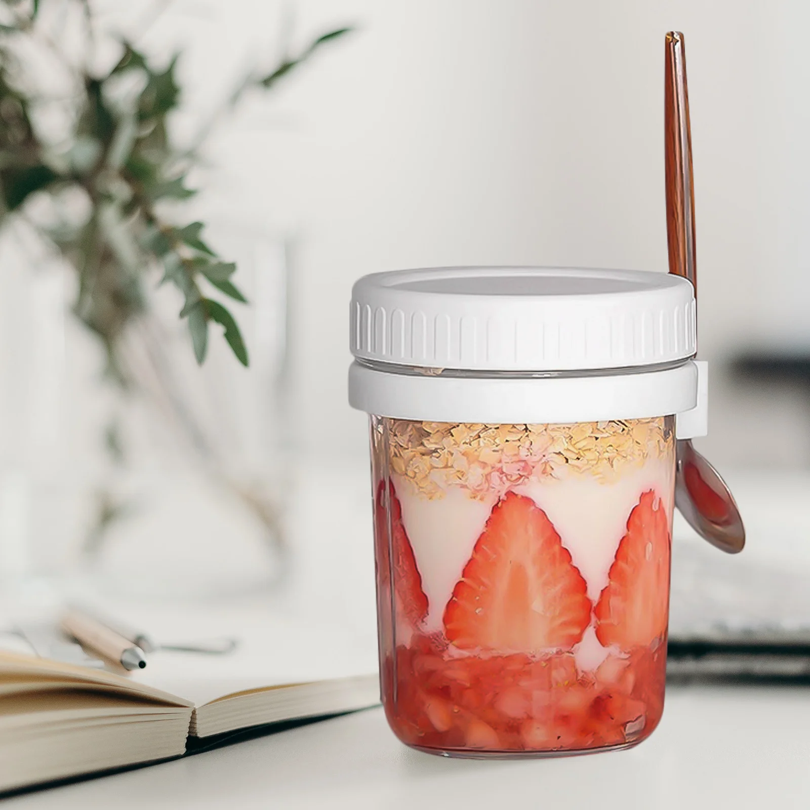 برطمان زجاجي لكوب الإفطار سعة 350 مل للشوفان طوال الليل مع غطاء وملعقة حاوية تخزين طعام متعددة الوظائف قابلة لإعادة الاستخدام وخالية من مادة Bpa #3