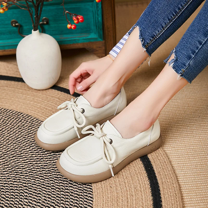 2024 Autumn vintage loafers women head layer cowhide moccasins ladies lace up oxfords shoes casual ballet flats comfort mother s