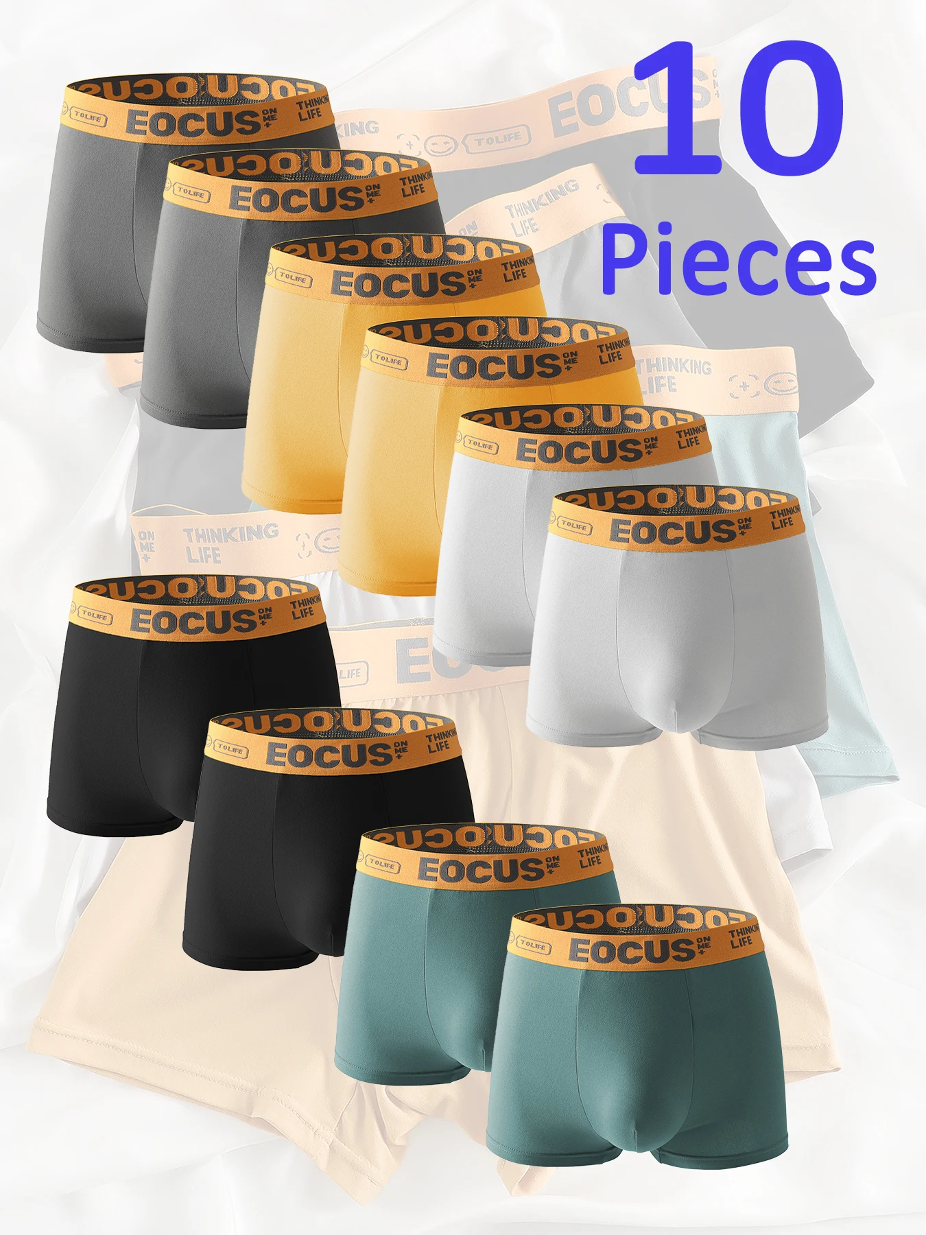 

10-Piece Men's Polyester Solid-Color Boxer Briefs Set - "EOCUS" Waistband Underwear