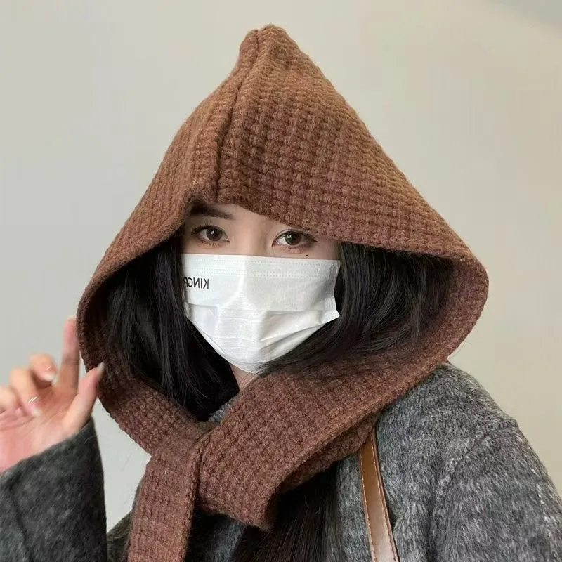 Women's Knit Balaclava Hat with Scarf Attached Warm Winter Hood Cap Korean Drawstring Neck Warmer Face Cover for Daily Commute