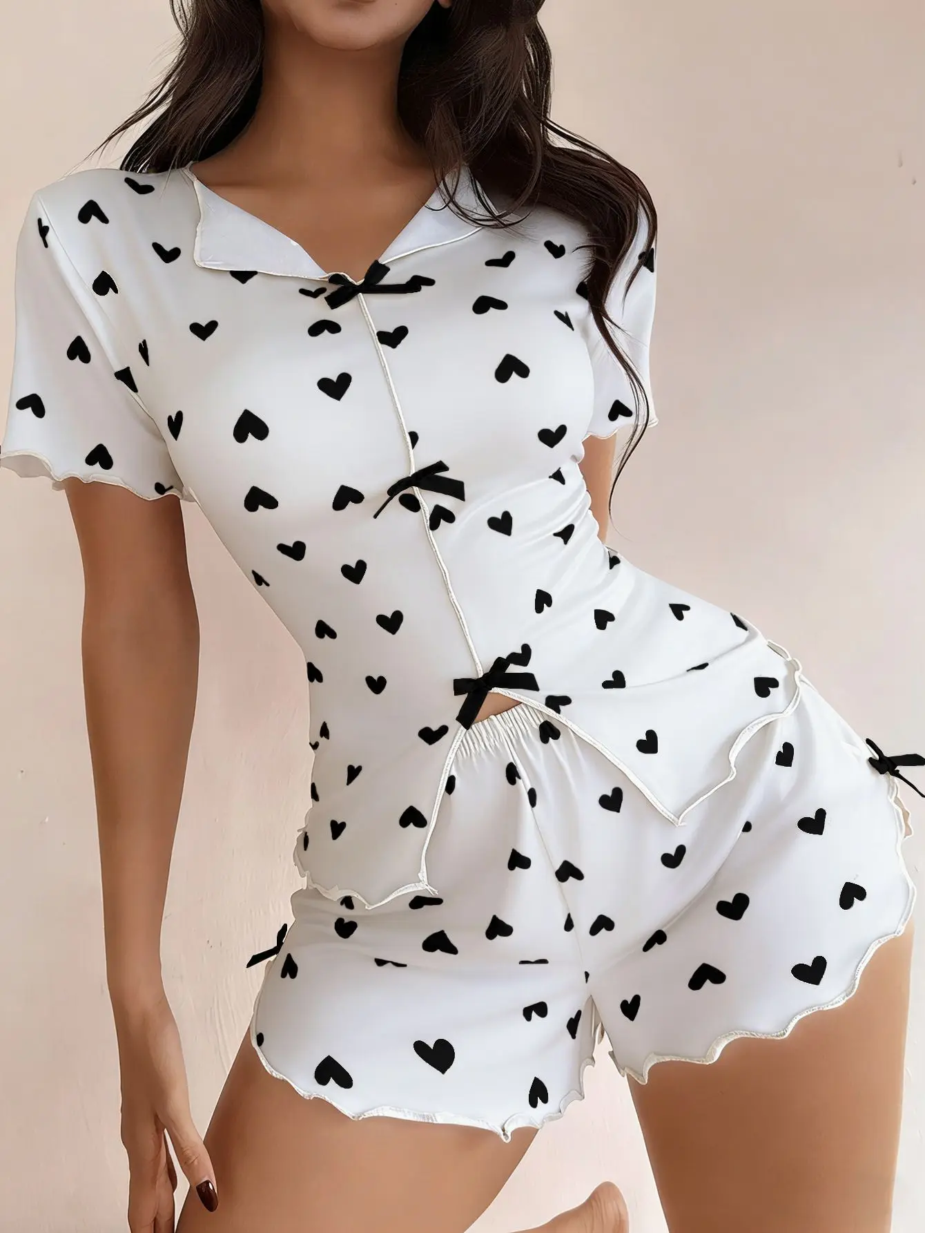 Women's Sleepwear Pajama Set Top and Shorts 2-piece Pajama Set Love Printed Lapel Bow Women's Loungewear