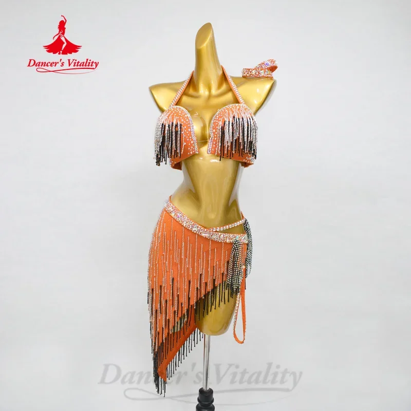 BellyDance Set Women's Customized Senior AB Stones Bra+Sexy Tassel Skirt 2pcs Belly Dance Professional Performance Clothing