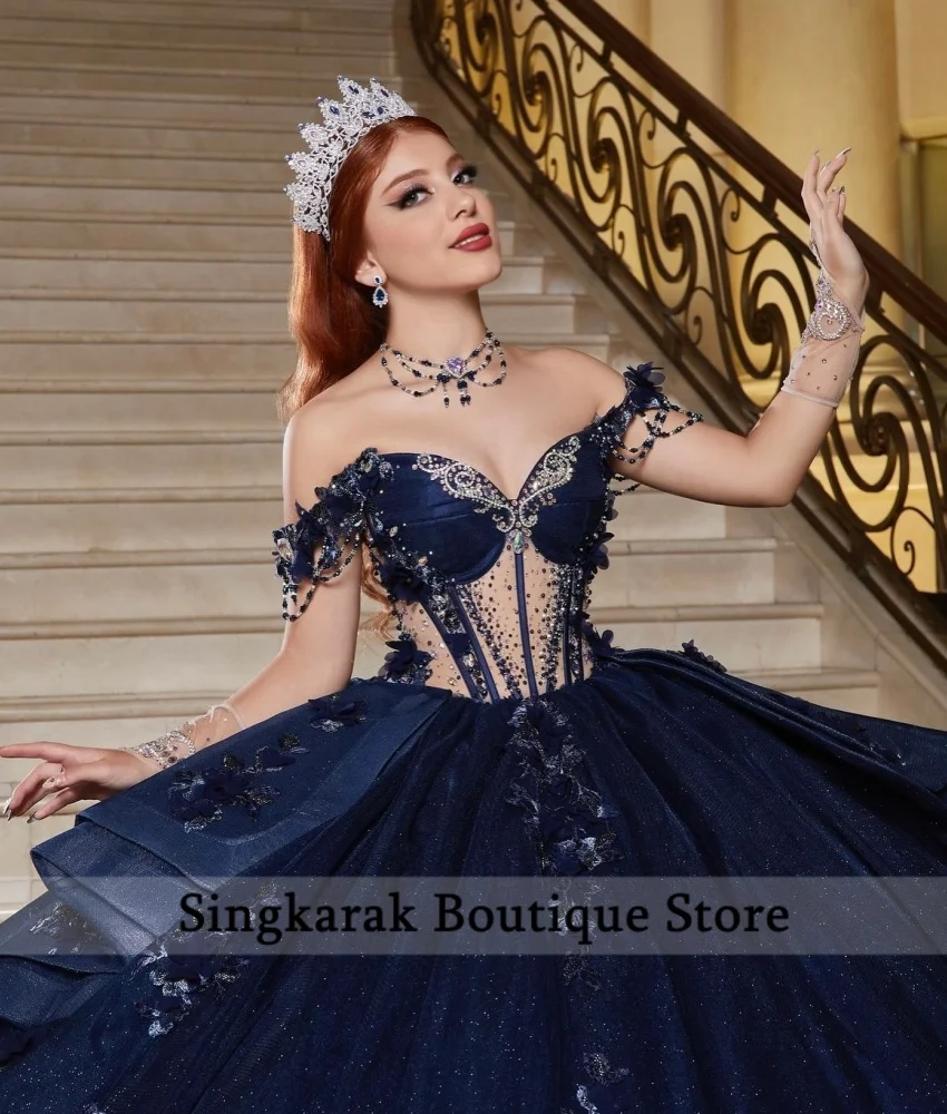 

Изысканное черное платье Quinceanera с аппликациями из бисера и кристаллов, бальное платье с открытыми плечами, милое платье для дня рождения 16, по индивидуальному заказу