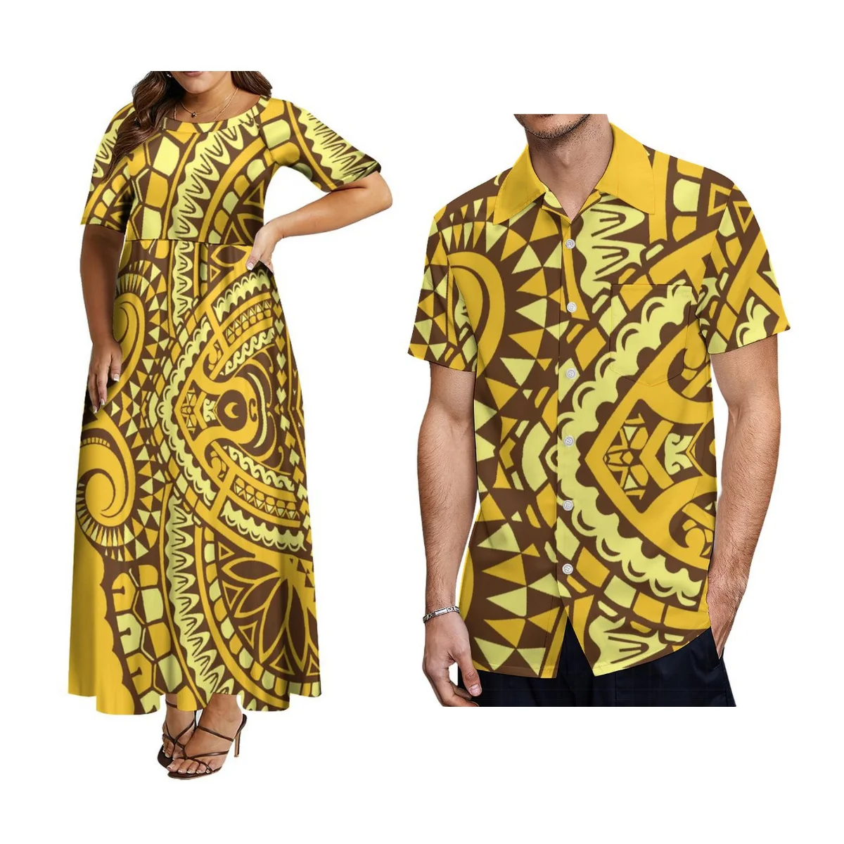 Half Sleeve Large O-Neck Samoa Women\'S Long Dress Tropical Plant Print Men\'S Shirt Customizable Polynesian New Couple\'S Costume