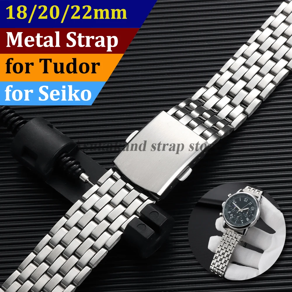 Stainless Steel Watch Strap 18mm 20mm 22mm for Tudor for Seiko Watchband Folding Buckle Universal Metal Seven Beads Men Bracelet