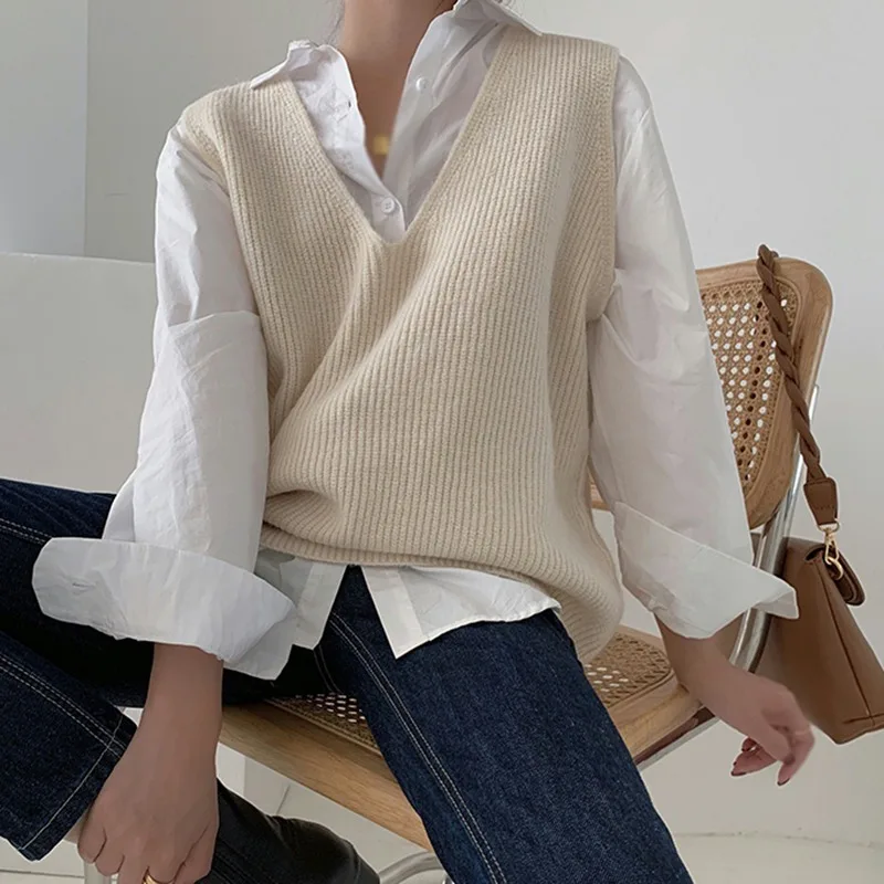 Women\'s Sweater Vest Sleeveless Knitting V-neck Loose Casual Office Ladies Autumn Female Sweater Vest