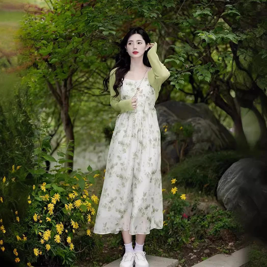 

Green Summer Style Women's Dress Set Strap Long Skirt Orange Bellflower Two-Piece Set Trendy Fashion Ensemble