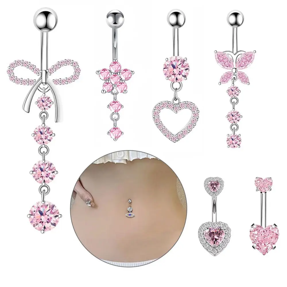 Stainless Steel Bow Belly Button Piercing Pink Zircon Copper Navel Piercing Jewelry Heart Shape Navel Rings Body Jewelry