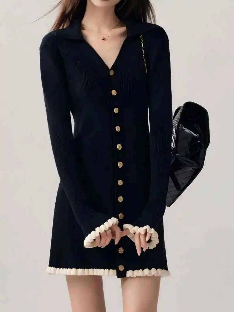 CGC Korean Preppy Style Knitting Womens Dresses 2025 Casual French V-neck Short Dresses Single Breasted Elegant Party Dresses