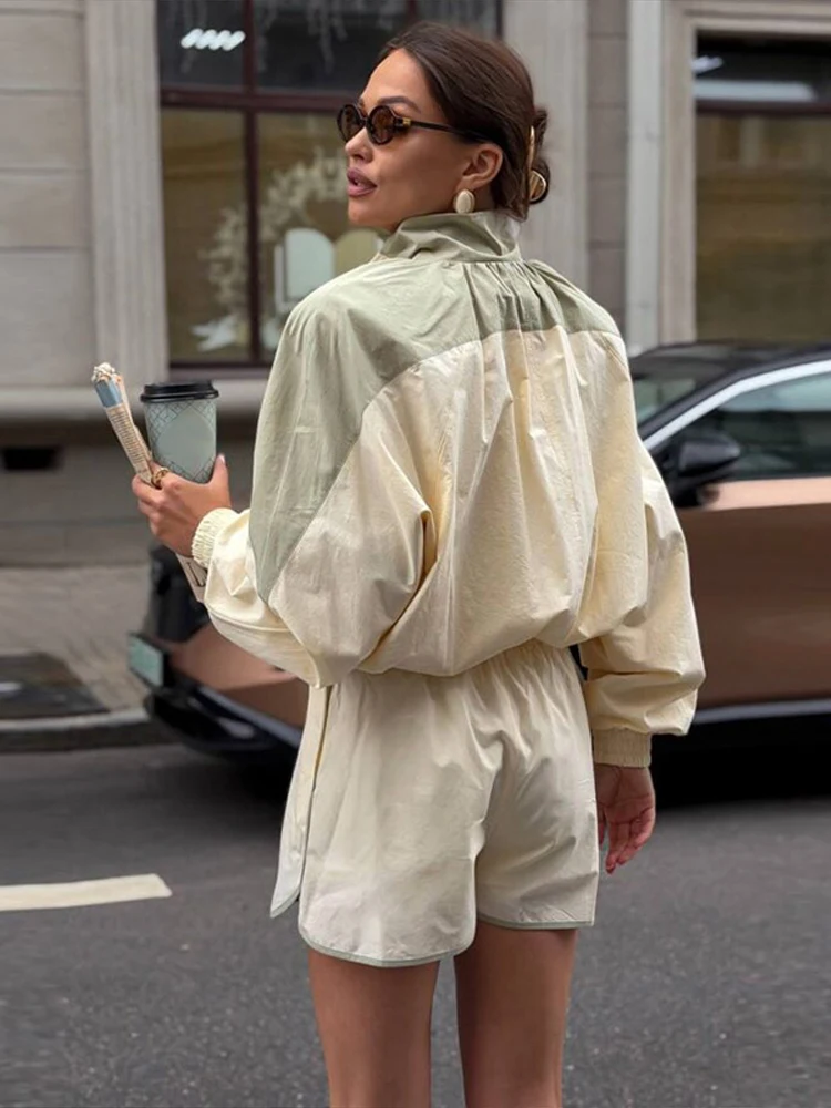 Zipper Nylon Stand Collar Women Sunsuits Loose Panelled Short Elastic Waist Pants Lady Fashion Casual Female Sets 2026 Summer