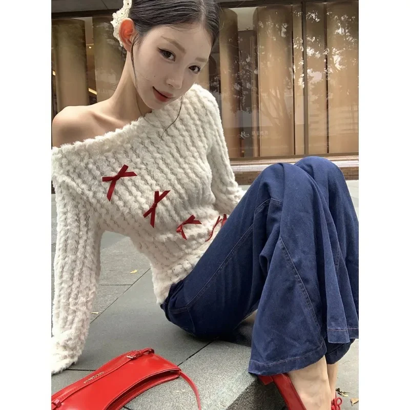 Casual Y2k Knitted Sweater Women Long Slleve Korean Fashion Elegant Design Knit Pullovers 2000s Vintage Party Autumn Jumper