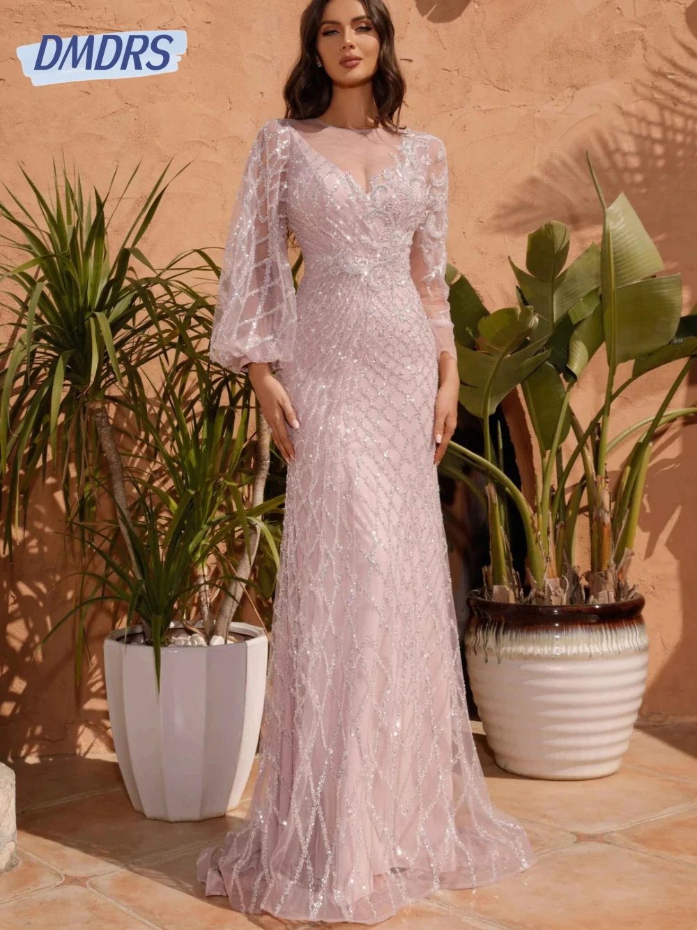 Sparkly O-neck Evening Dresses Party Sequins Straight Dress For Bride Classic Long Sleeve Bridal Gown Vestido De Novia