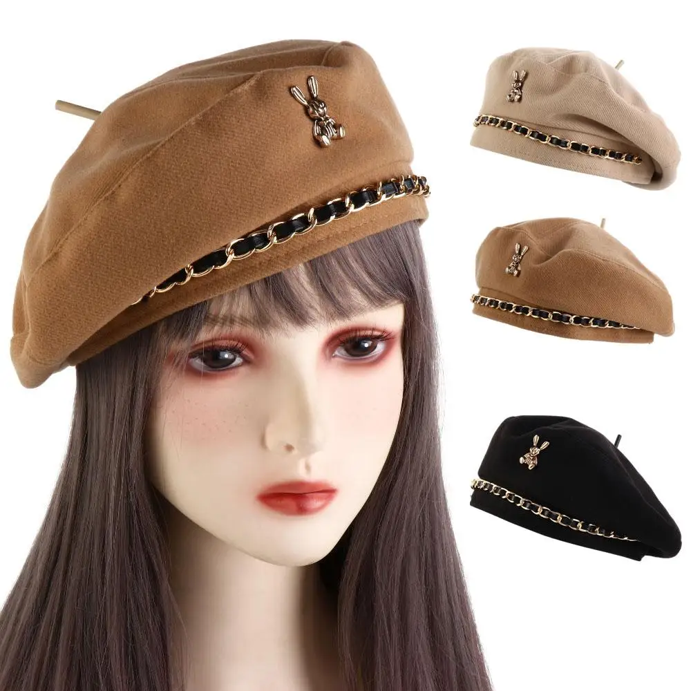 Creative Girl Beanie Hat Rabbit Pattern Metal Chain Fashion Painter Hat Winter Autumn Beret Girl Apparel Accessories