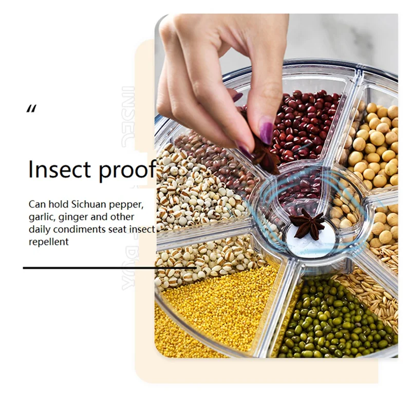 

AT14 6 Grid Cereal Storage Container Dispenser Countertop Grain Organizer And Dispenser Round 360 Food Rotating Dispenser