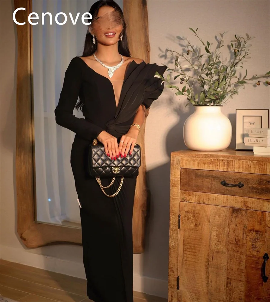 

Cenove Black V Neckline Prom Dress Long Sleeves With Ankle Length Evening Summer Elegant Party Dress For Women2023