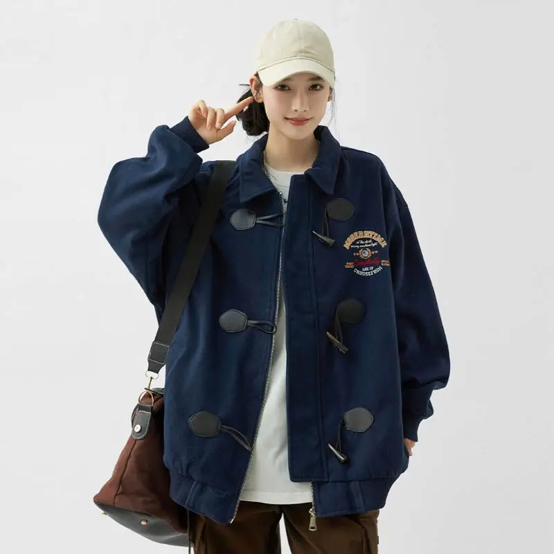 

Juspinice American Retro Horn Button Embroidered Sweatshirt Women Autumn Long Sleeve College Style Loose Baseball Uniform Tops