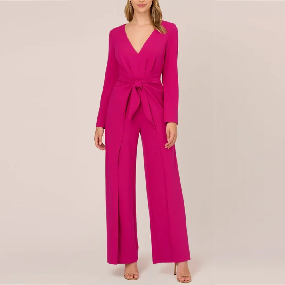 Fuchsia Mother Of the Bride Dresses 2025 Pants Suit V-Neck Chiffon Wedding Guest Gowns with Bow Dress Women For Wedding Party