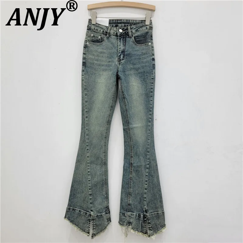 

ANJY Autumn New Women Flared Jeans Burr Distressed Washed Denim Slimming Vintage Elegant Stylish Casual Chic Bootcut Pants A9391