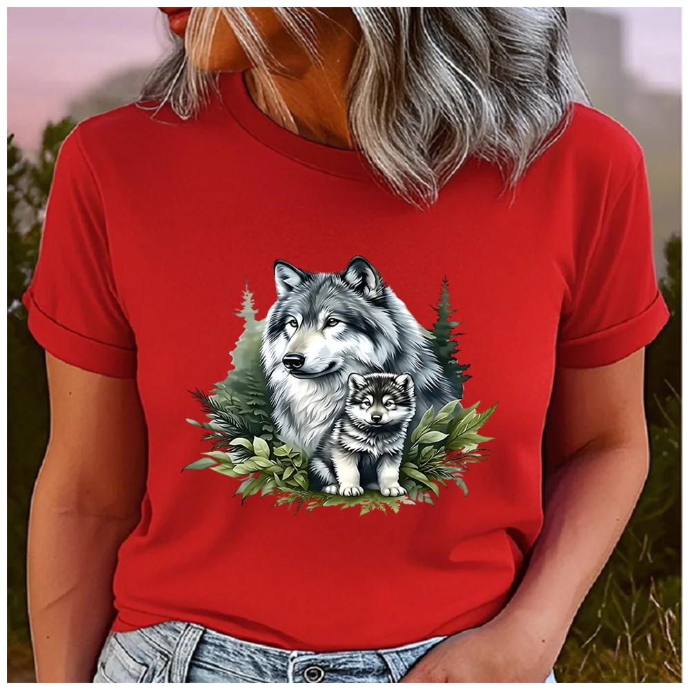 Cotton 100% Multi Color Mom And Baby Wolf Forest Graphic Print T‑Shirt Women Short Sleeve Crew Neck Tee Animal Lover Casual Dail