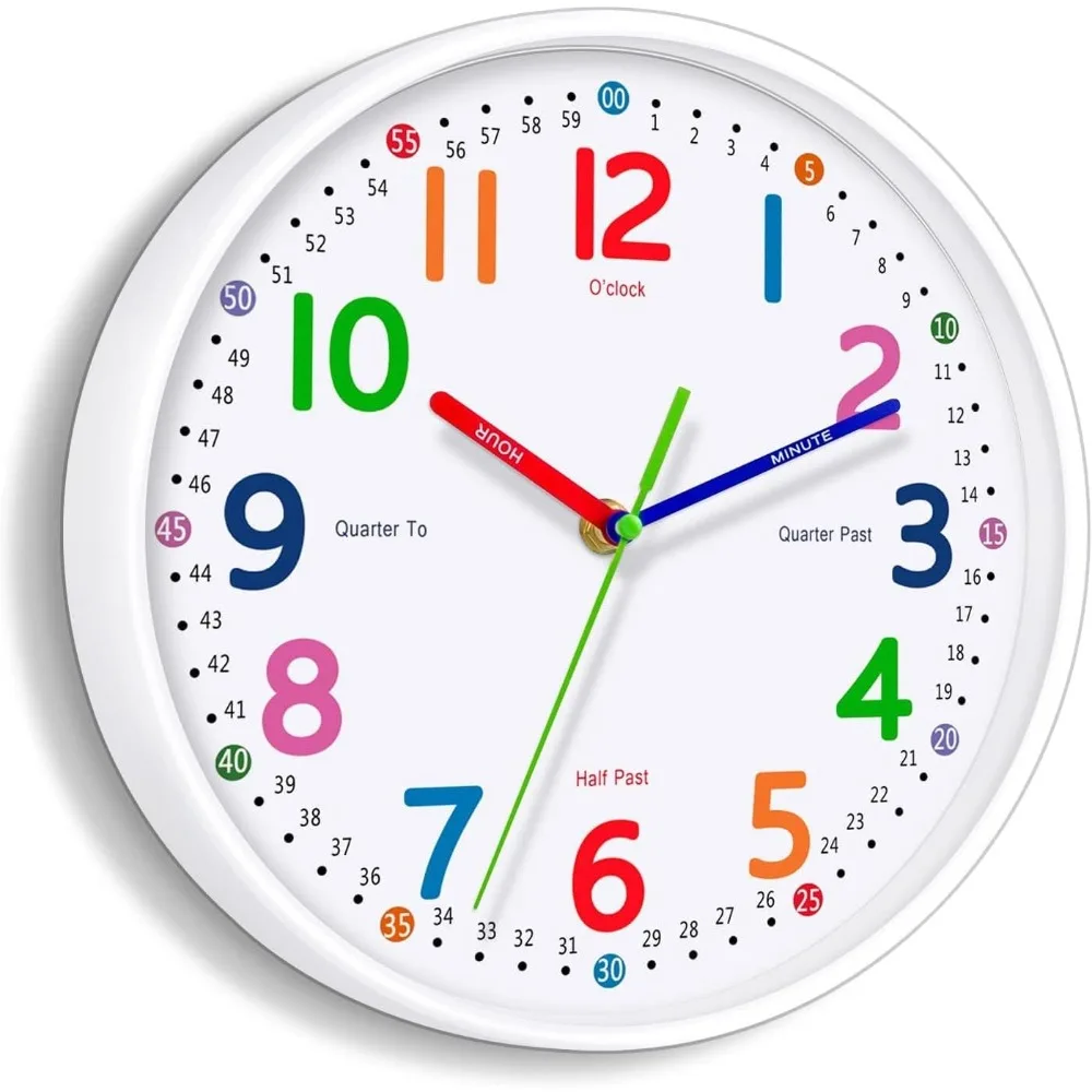 

Silent Children's Wall Clock - No ticking, battery powered, ideal for room teaching time and stylish decoration -8 inches