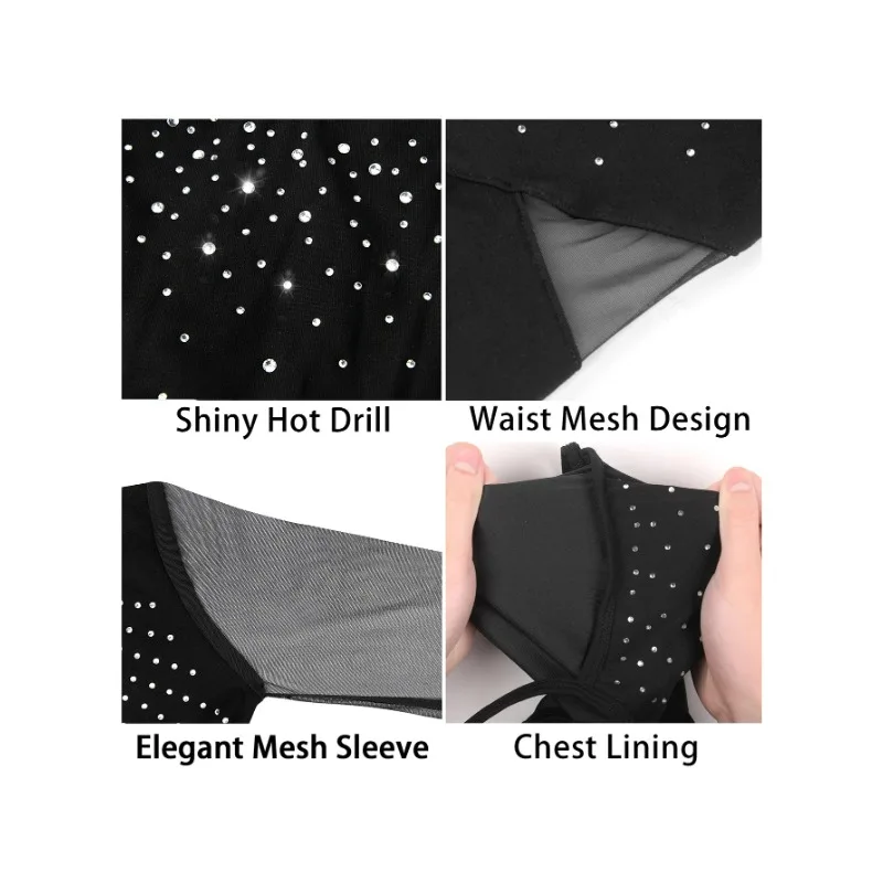 Justaucorps de danse à manches longues en maille pour femmes, brillant, perceuse à chaud sur le devant, avec doublure avant complète pour spectacle de danse