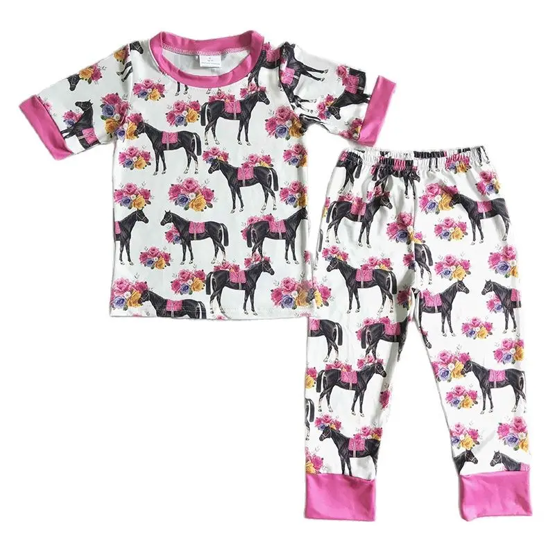 Western Horse Floral Children Nightclothes Clothing Baby Girl Flower Sleepwear Clothes Set Pants Wholesale Infant Pajamas Outfit