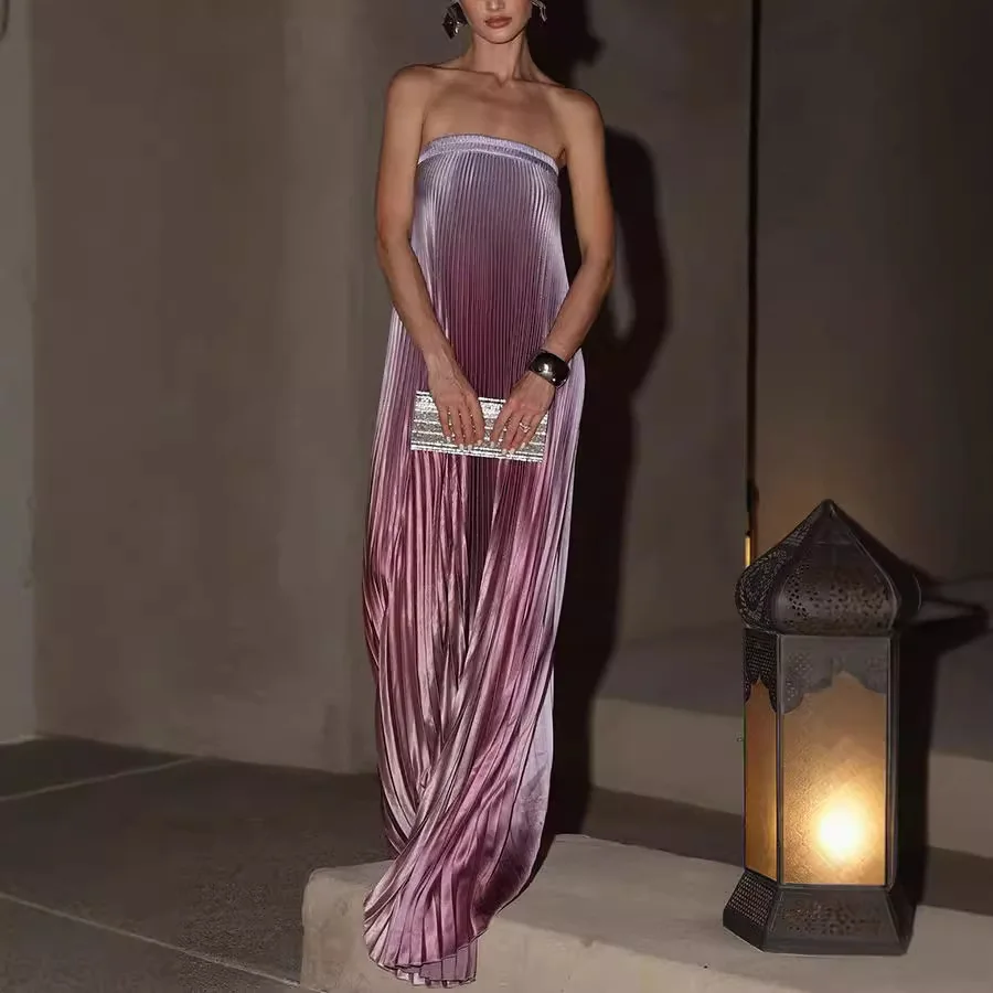 

2025 Women's Clothing Gradual Change Color Tube Top Dress Fashion Pleated Dress Sleeveless Europe and The United States