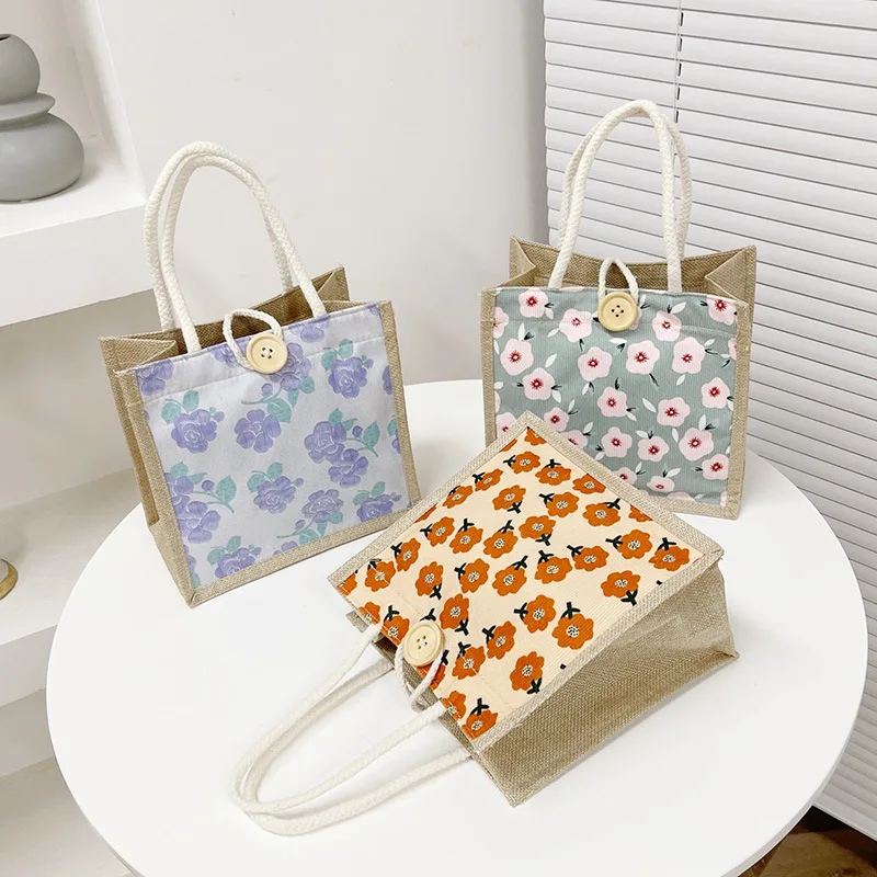 Bolsa de linho estilo japonês feminino, bolsa para presente, estampa de flores, compras, praia, portátil, casual, verão, moda