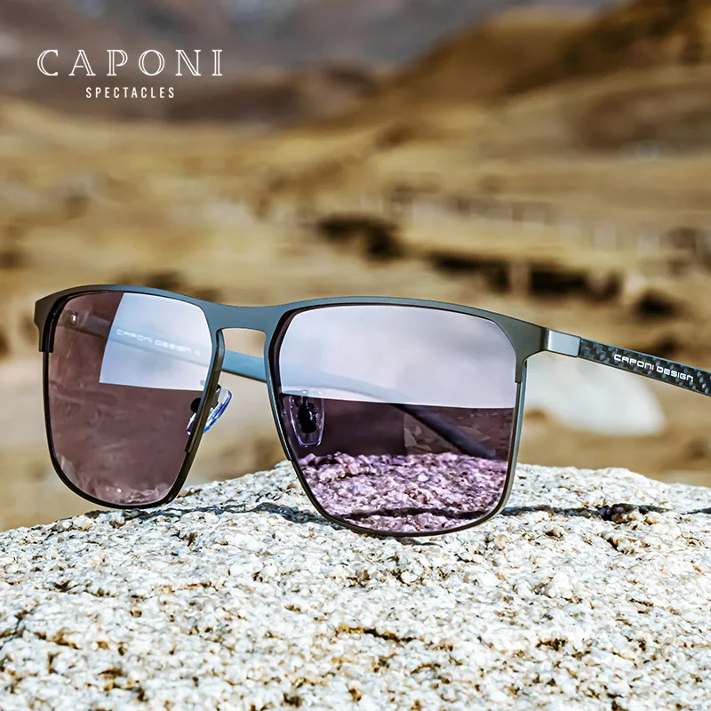 CAPONI Polarized Men Sunglass Photochromic Carbon Fiber Square Shade Driver Sunglasses Outdoor UV400 Protection Designer BS28964