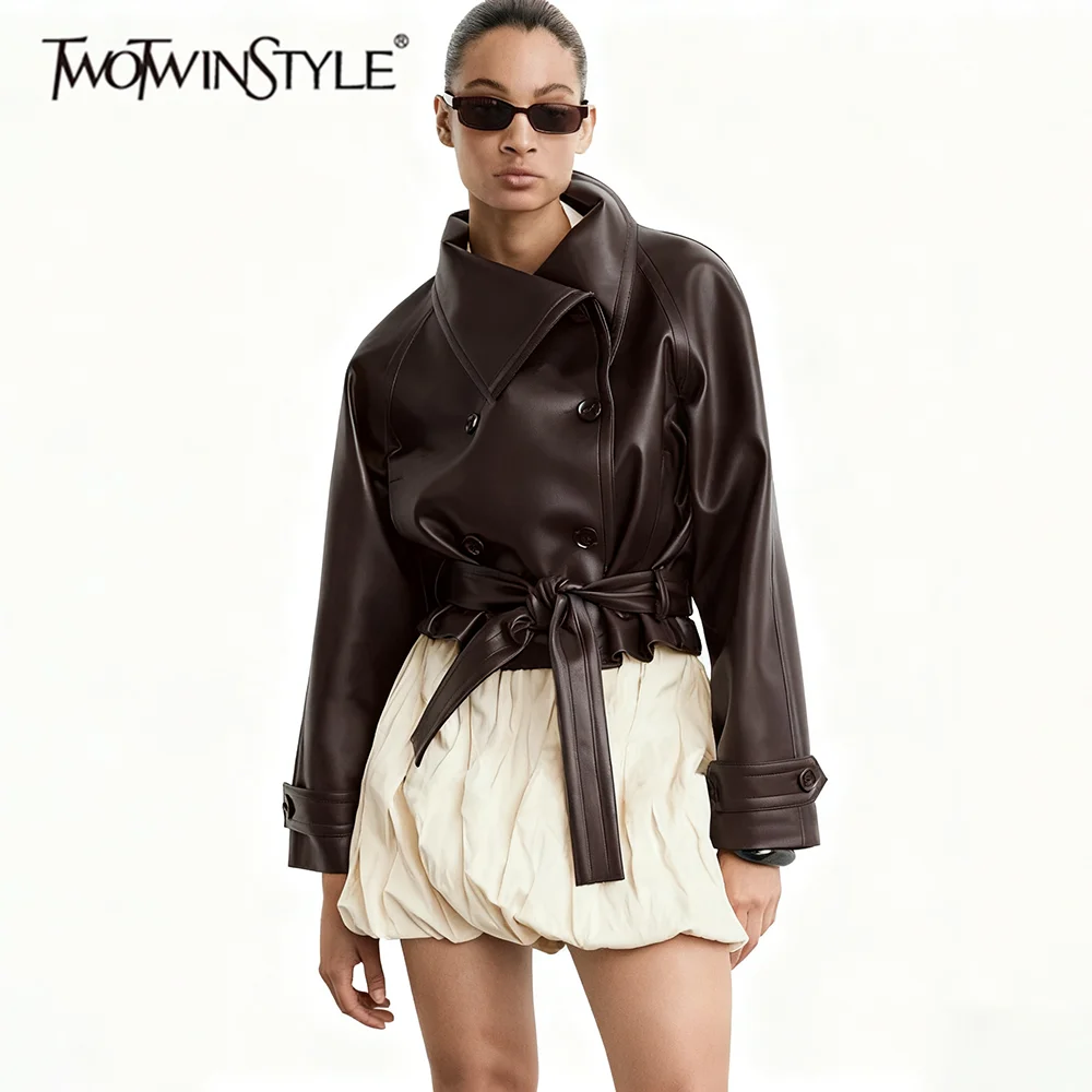 TWOTWINSTYLE Solid Spliced Lace Up Vintage Leather Jackets for Women Lapel Long Sleeves Patchwork Double Breasted Jacket Female