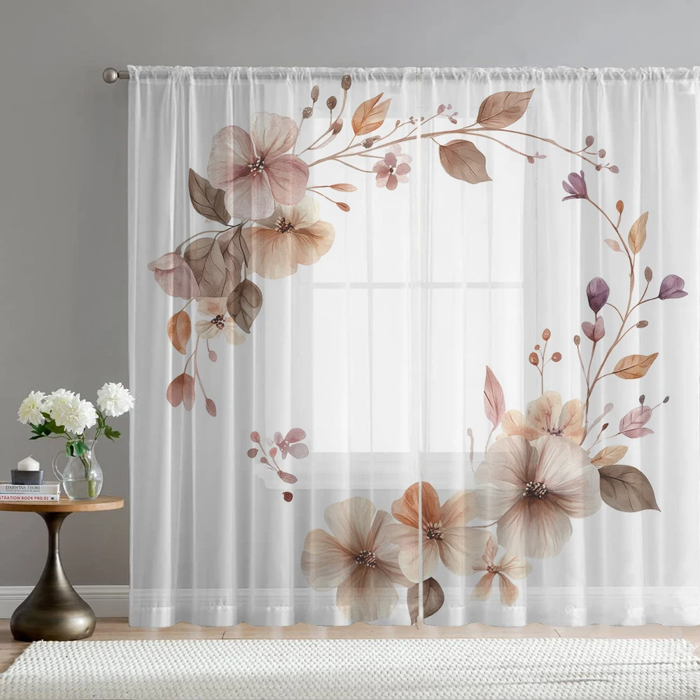2PCS Home decoration khaki floral printed window screens with pole bags, suitable for kitchens, cafes, and living rooms