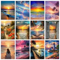 AZQSD Diamond Painting New Arrival Sunset Landscape Full Round Drill Rhinestones Seaside Beach Embroidery Home Decor