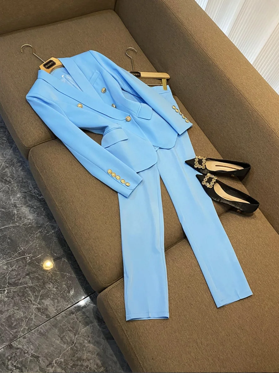 

Turquoise Double-Breasted Suit Jaet And Slim Pants Set Women's Faion Two-Piece Suit een Collar Workwear Sle
