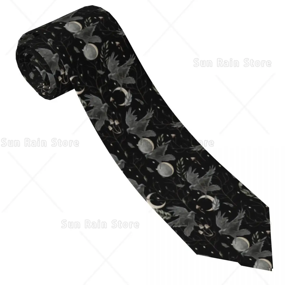 Custom Crow Moon Tie Men Printed Necktie Halloween Spooky Witch For Wedding Party Mens Silk Tie