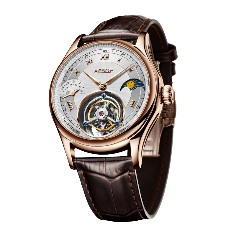 AESOP Original Tourbillon Mechanical Men's Watches Multifunction Moonphase Luminous Hand Winding Movement Sapphire Wristwatches