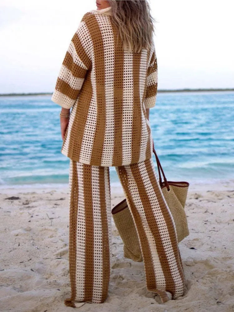 Spring Casual Holiday Vertical Stripe Knitted Outfits Women Wide Leg Lapel Hollow Out Two Piece Set Summer Suits Beach Pant Sets