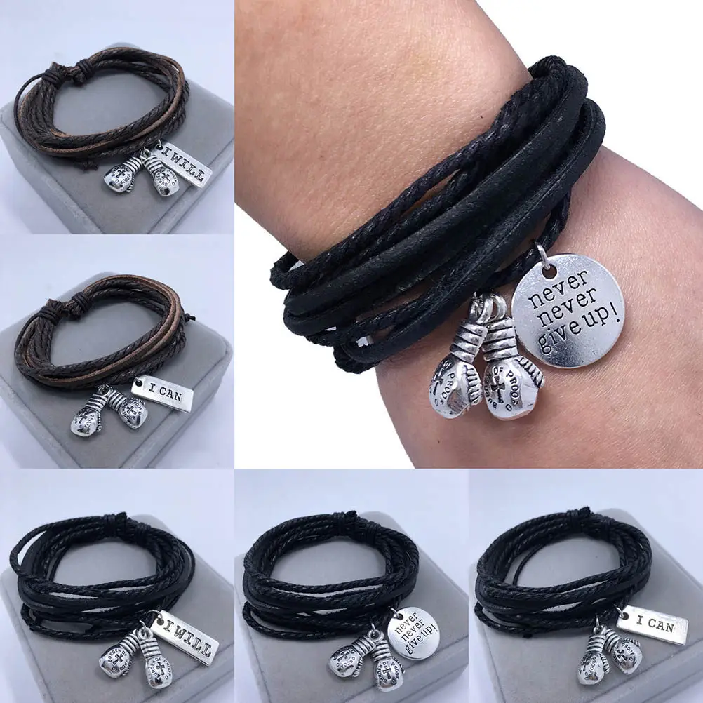 Black Multilayer Boxing Gloves Cord Bracelet Creative English Word Simple Decor Travel Party Stylish Wristband