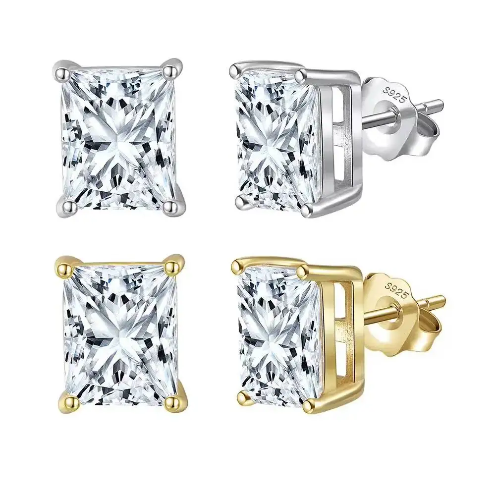 SMOE06 RINNTIN Emerald Radiant Cut Moissanite Earrings 925 Sterling Silver 14k Gold Plated Moissanite Earrings for Women Men