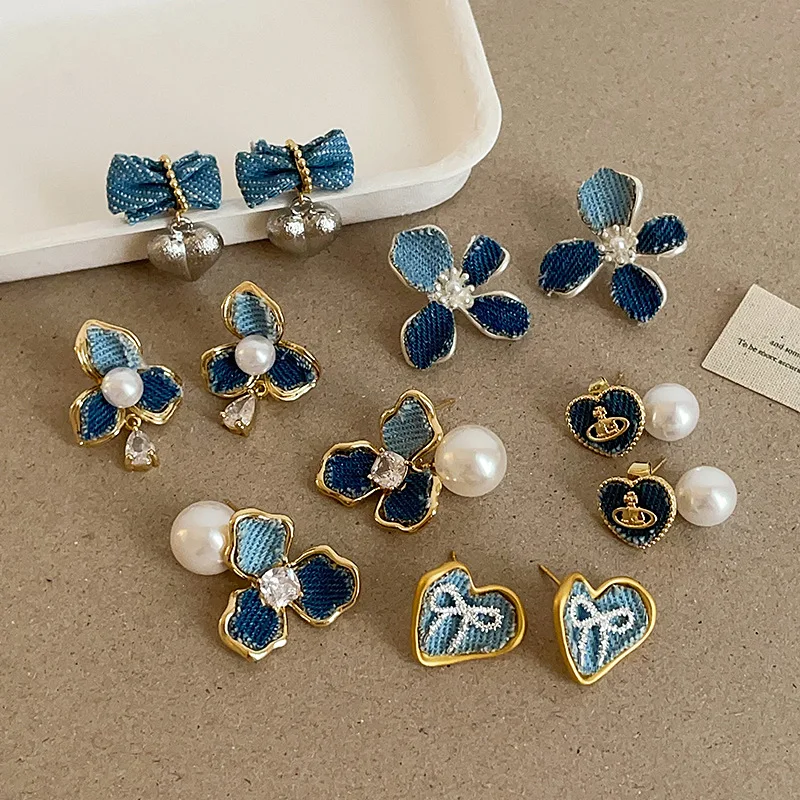 

Denim Heart Flower Pearl Earrings Vintage Boho Grunge Y2K Dainty Unique Statement Jewelry for Women