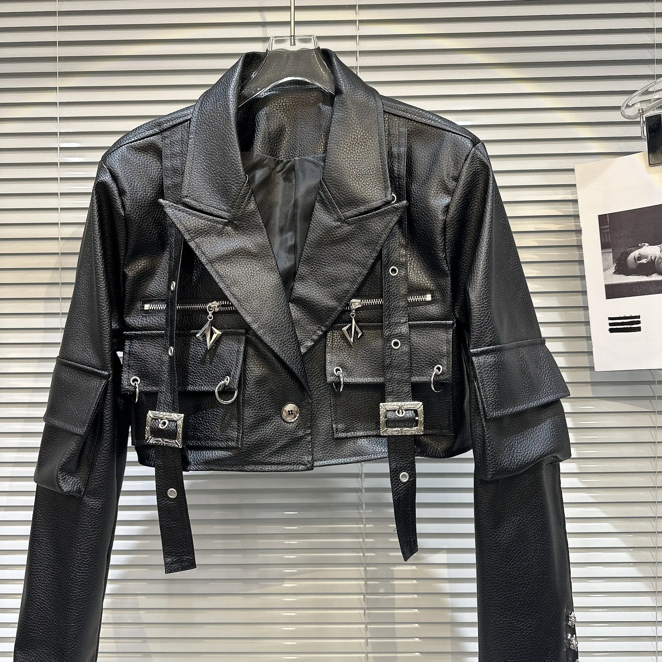 Street Sle Leather Jaet Casaco feminino de couro k Waed ket Textura Unique Sle Fall Novidades Long Sve Straig...