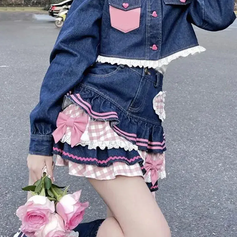 

Preppy Style Lolita Kawaii Mini Denim Tiered Skirts Japanese Sweet Women Harajuku Cute Y2K High Waist Bow Lace Plaid Cake Skirts