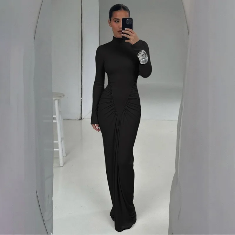 Blifanbo 우아한 터틀넥 가을 맥시 드레스 여성 하이 웨이스트 셔링 바디콘 긴 소매 섹시 클럽 파티 이브닝 드레스 패션