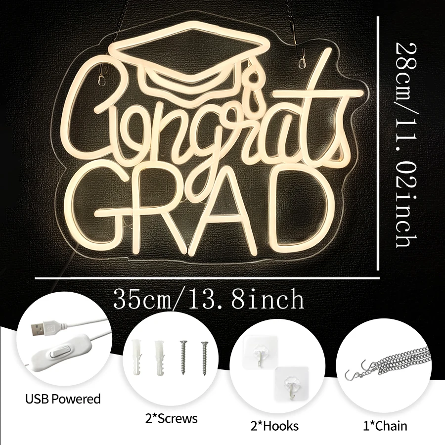 Congrats Grad Neon Sign, Bachelor Hat Led Icon Wall Decor, Usb Powered, School Culture Wall, Graduation Party Art Wall Lamp.