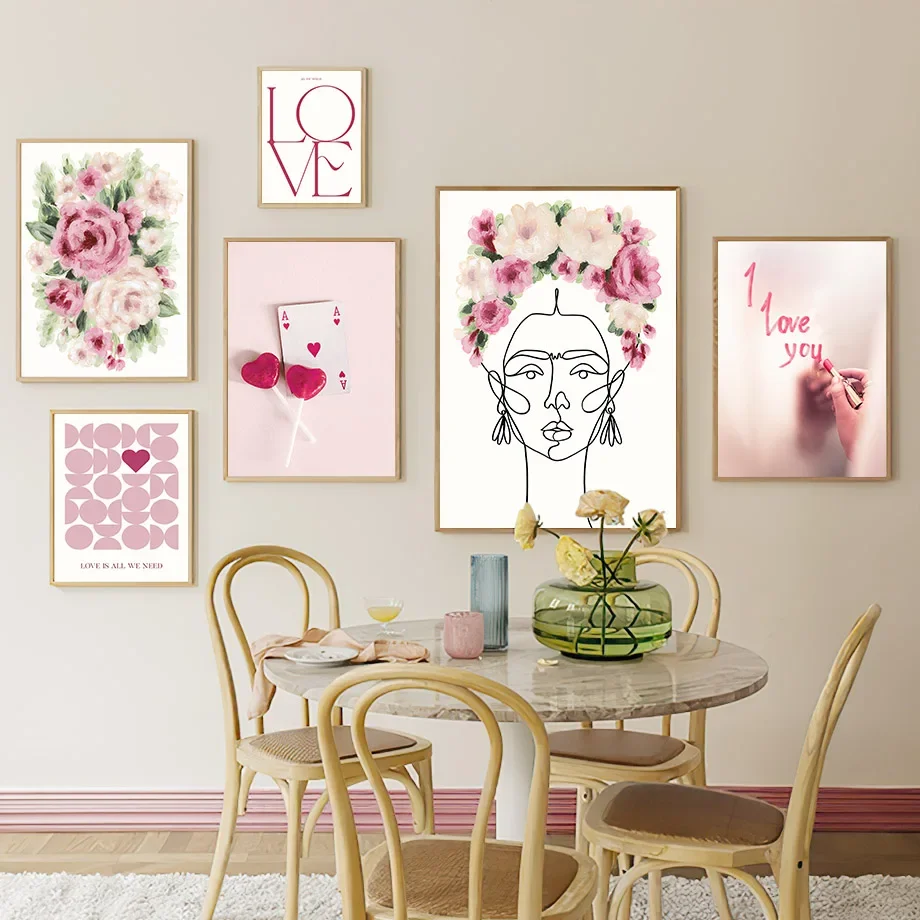 Wall Art Canvas Painting Pink Flower Ace Of Hearts Watercolor Line Girl Nordic Posters And Prints Wall Picture Living Room Decor