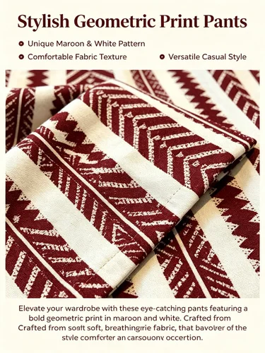 Burgunderrote geometrische Hose mit Pfeilmuster und Bindegürtel, weites Bein, Ethno-Stil, drapierte Freizeithose – Detail 3