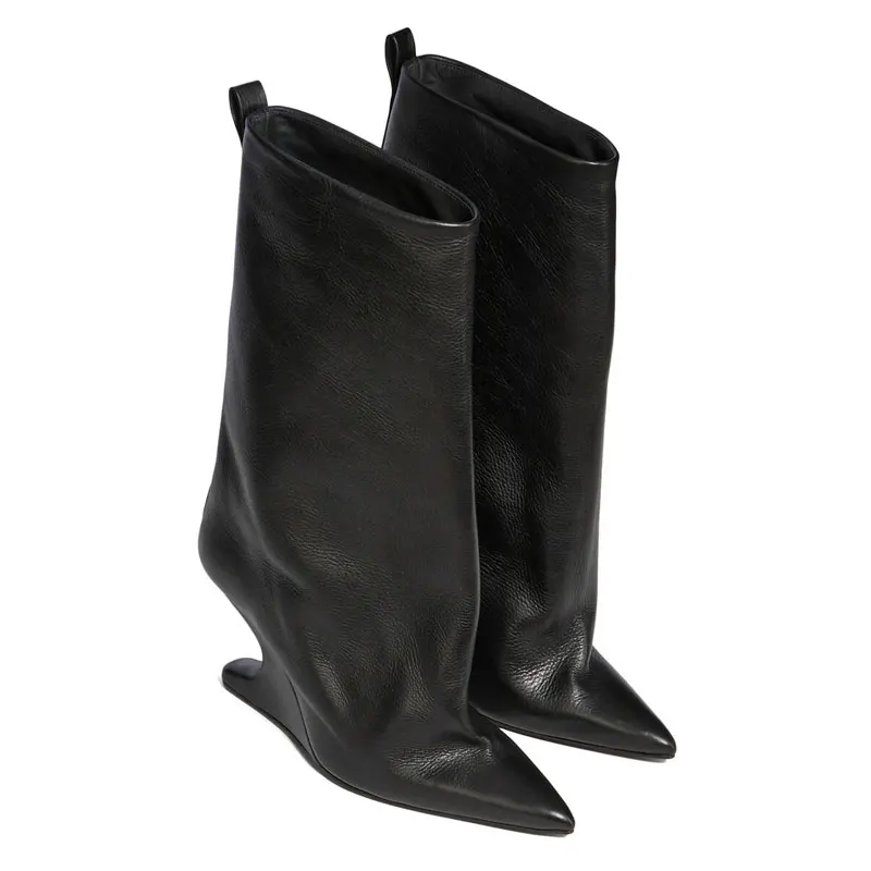 

Women's Strange Style Sculptural Heel Mid Calf Boots Pointed Toe Slip On Suede Leather Boots 2026 Autumn Winter Fashion Shoes
